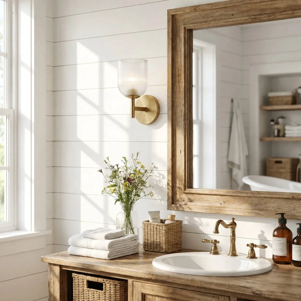 Candeeiro de parede com vidro canelado e acabamento em cobre para corredor, quarto e casa de banho – Lamylie