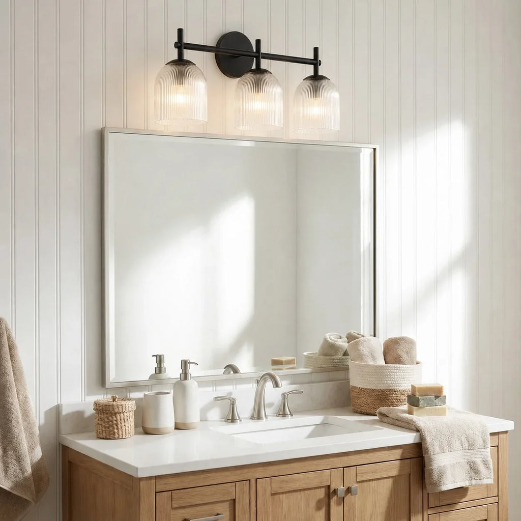 Candeeiro de parede com vidro canelado e acabamento em cobre para corredor, quarto e casa de banho – Lamylie