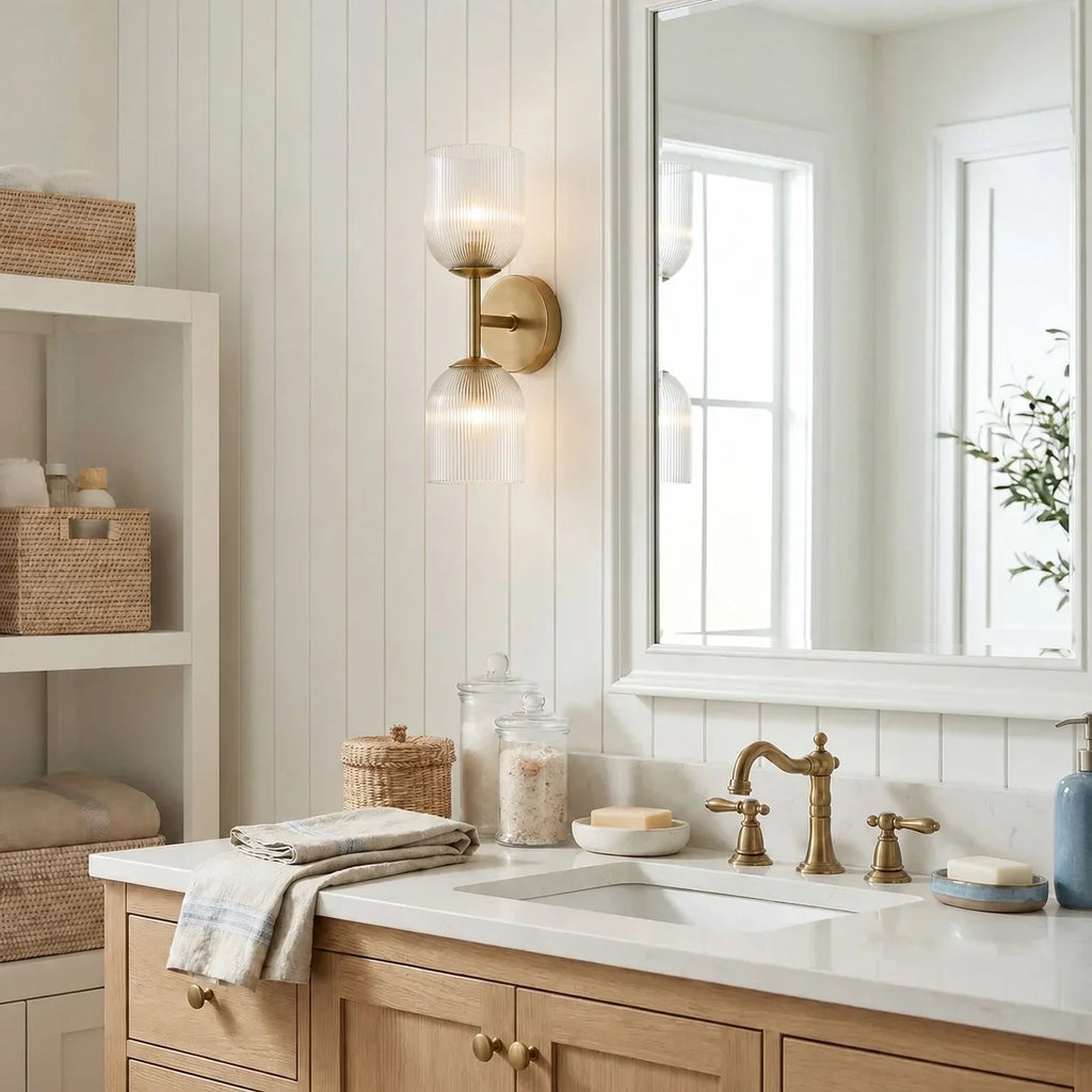 Candeeiro de parede com vidro canelado e acabamento em cobre para corredor, quarto e casa de banho – Lamylie