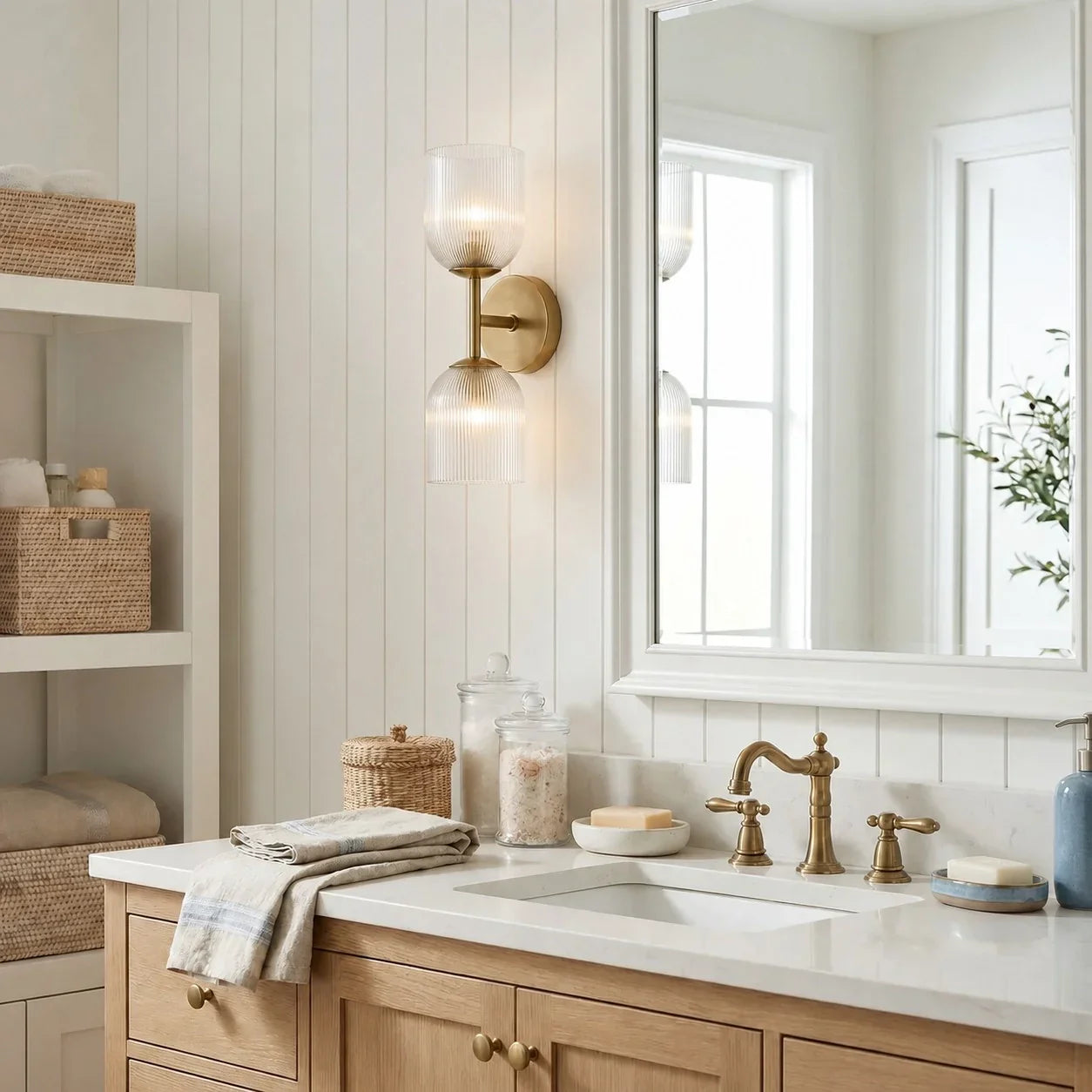 Candeeiro de parede com vidro canelado e acabamento em cobre para corredor, quarto e casa de banho – Lamylie