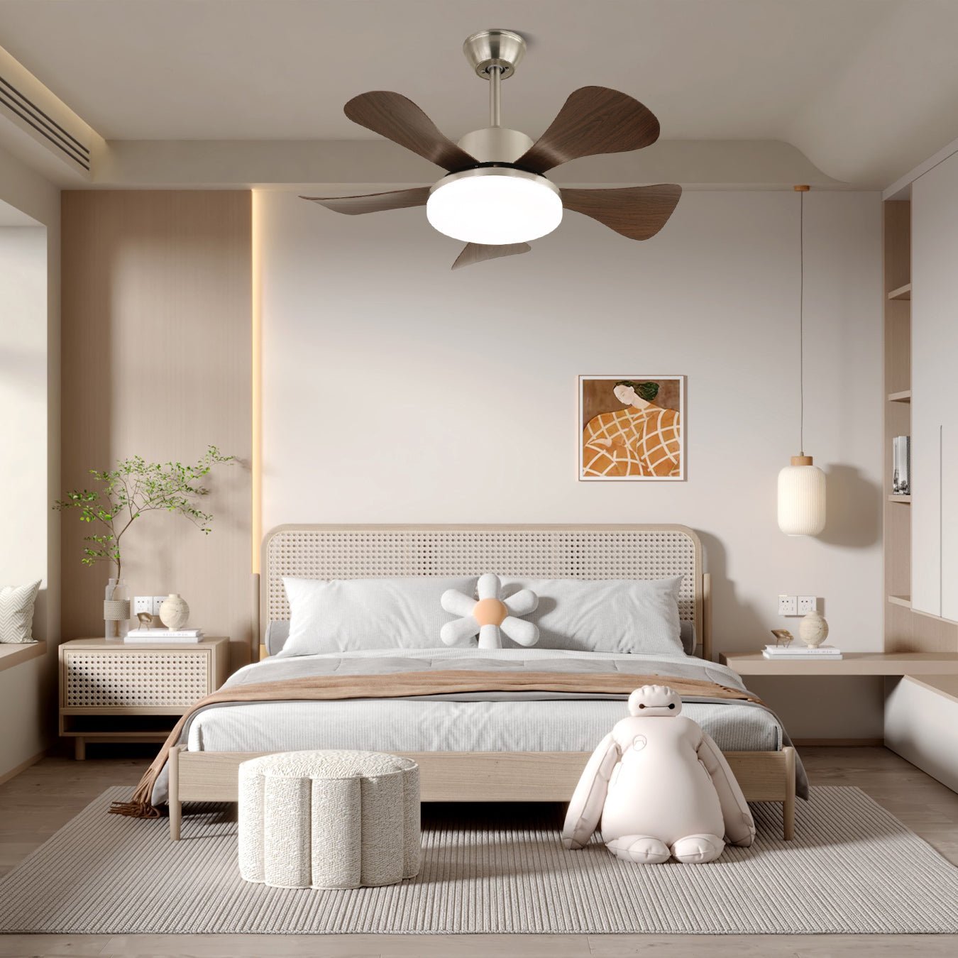 Ventilator de tavan cu iluminare LED Ø91 cm, din lemn și metal, cu 6 viteze și telecomandă, design modern, pentru utilizare în interior, în living și dormitoare – Lamylie