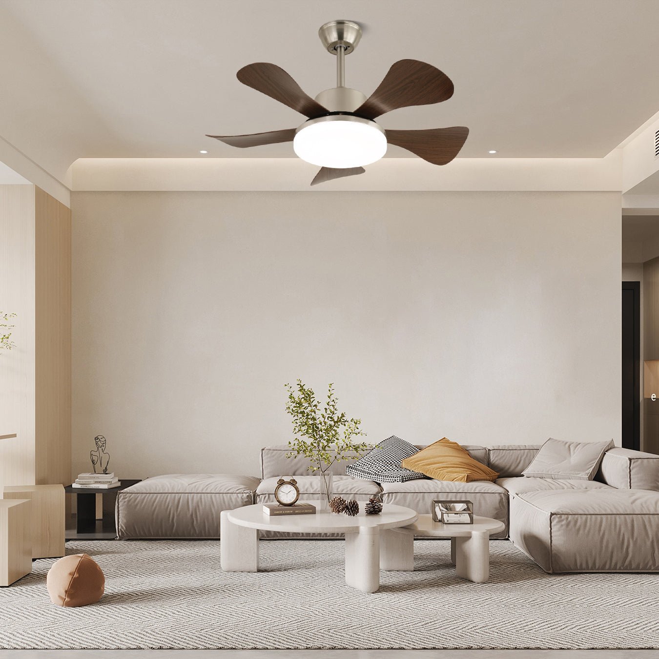 Ventilator de tavan cu iluminare LED Ø91 cm, din lemn și metal, cu 6 viteze și telecomandă, design modern, pentru utilizare în interior, în living și dormitoare – Lamylie