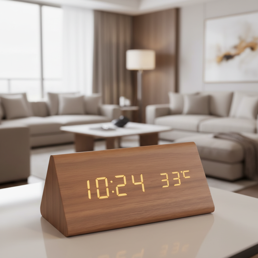 Minimalistische Holz-LED-Uhr mit Sprachaktivierung und Klatscherkennung – Lamylie