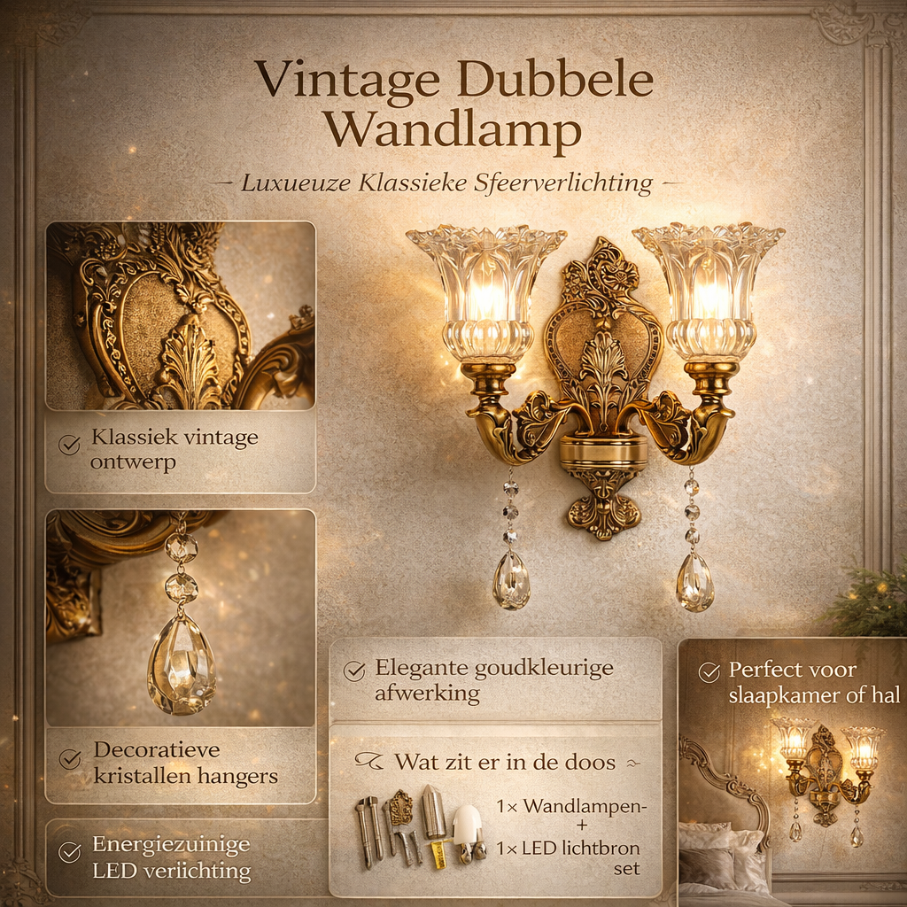 Vintage Gold Glass Double Wall Lamp Classic Warm White Light Indoor Wall Lamp E14 Bedroom Living Room Hall Decorative Lighting Wall Light - Lamylie