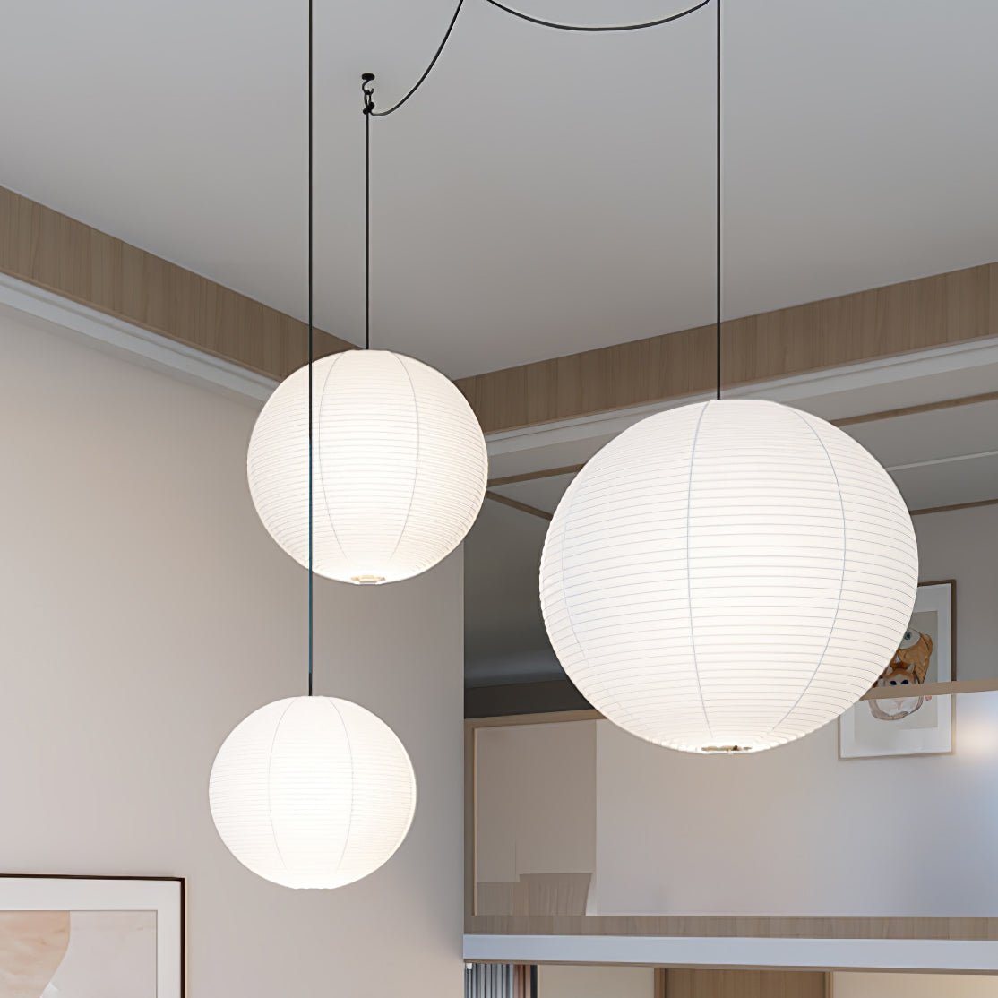 Závěsná lampa v podobě japonské papírové koule | ručně vyrobená závěsná lampa z papíru kozo se zástrčkou | plovoucí ambientní osvětlení do obývacího pokoje, ložnice a jídelny | k dispozici v 10 velikostech – Lamylie
