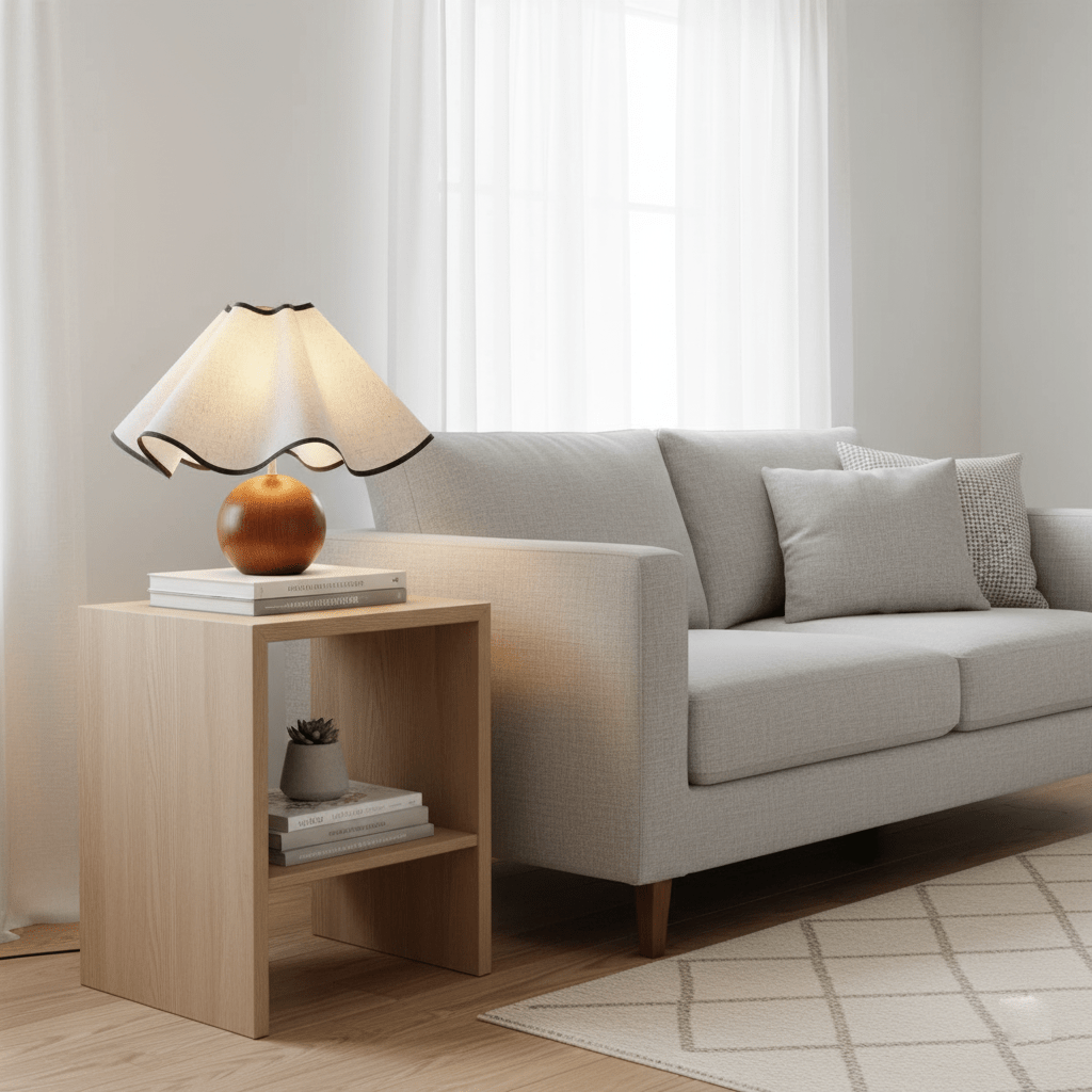 Candeeiro de mesa Wavecrest com abajur ondulado em tecido, base de madeira ∅15″, abajur de linho E26/E27 bege, nogueira e preto, interruptor no cabo, cabo de 59″, design de ondas orgânicas — Sansoti