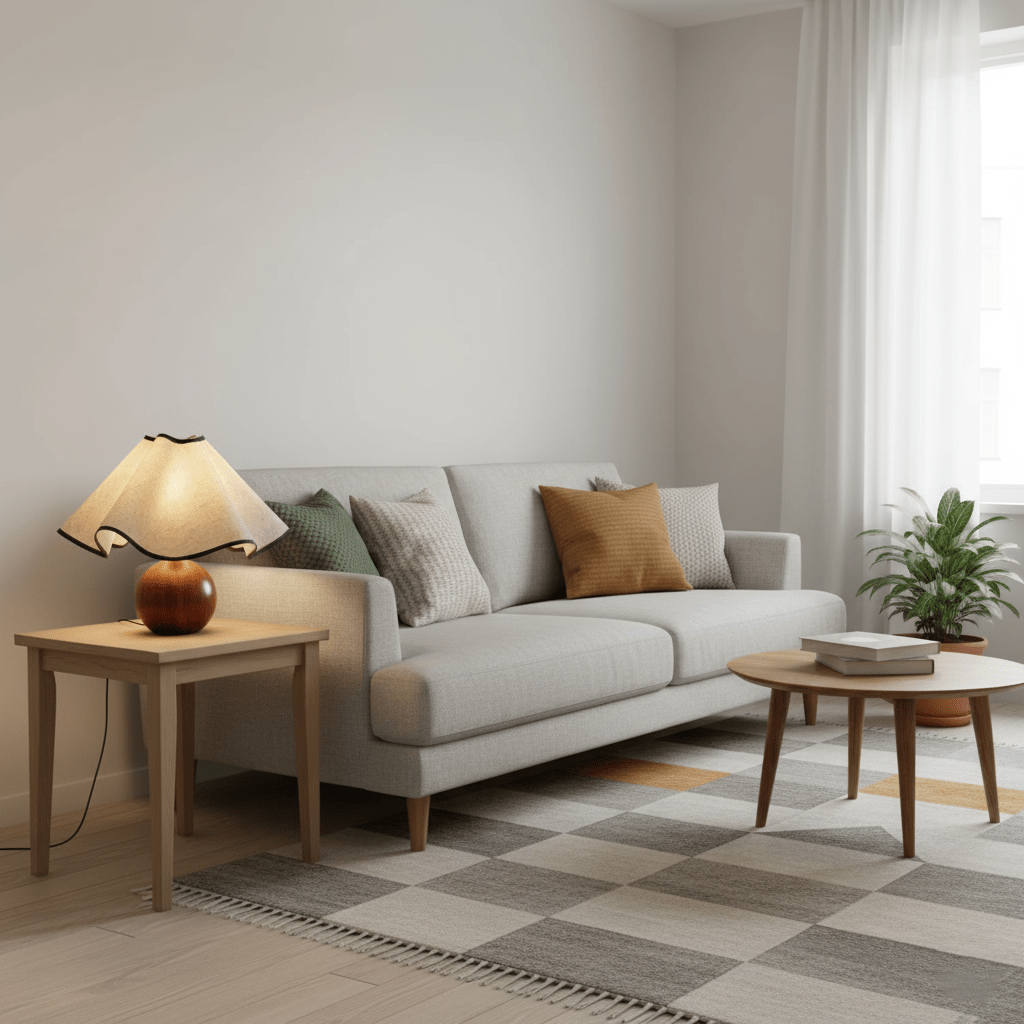 Candeeiro de mesa Wavecrest com abajur ondulado em tecido, base de madeira ∅15″, abajur de linho E26/E27 bege, nogueira e preto, interruptor no cabo, cabo de 59″, design de ondas orgânicas — Sansoti