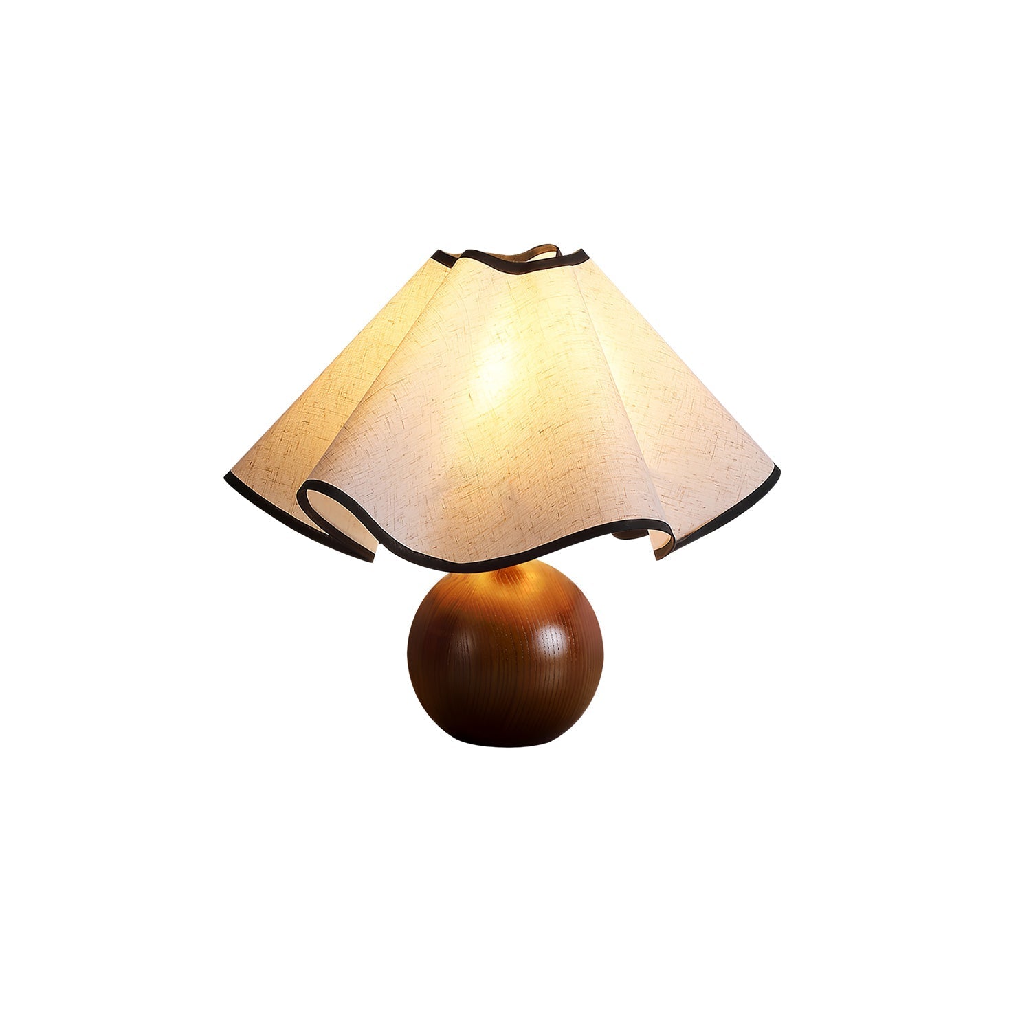 Candeeiro de mesa Wavecrest com abajur ondulado em tecido, base de madeira ∅15″, abajur de linho E26/E27 bege, nogueira e preto, interruptor no cabo, cabo de 59″, design de ondas orgânicas — Sansoti