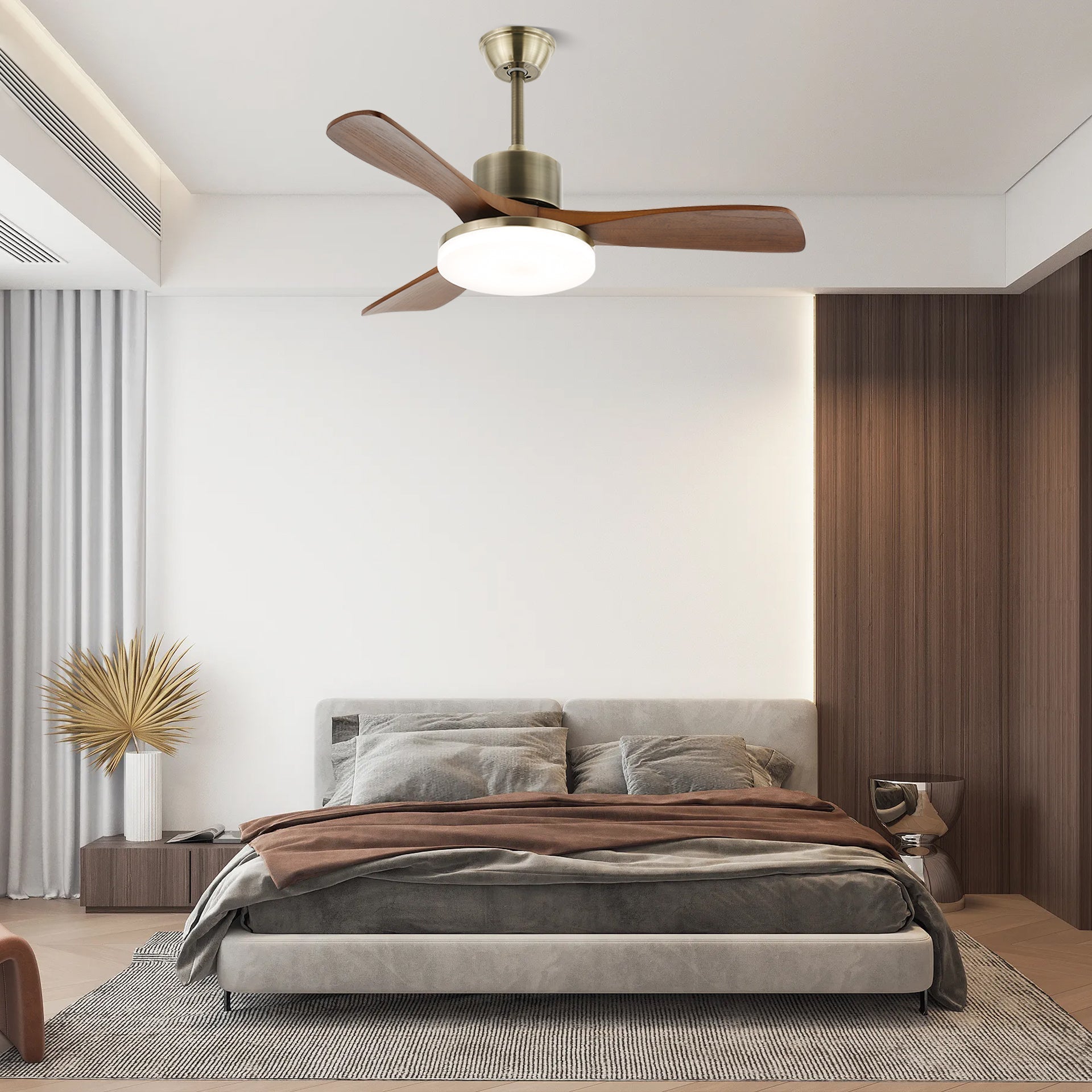 Ceiling Fan with Lighting | Minimalist Fan in Silver and Wood | 6 Speeds | Remote Control | 106/132 cm | LED 35W | Ceiling Light with Ventilation Function - Lamylie