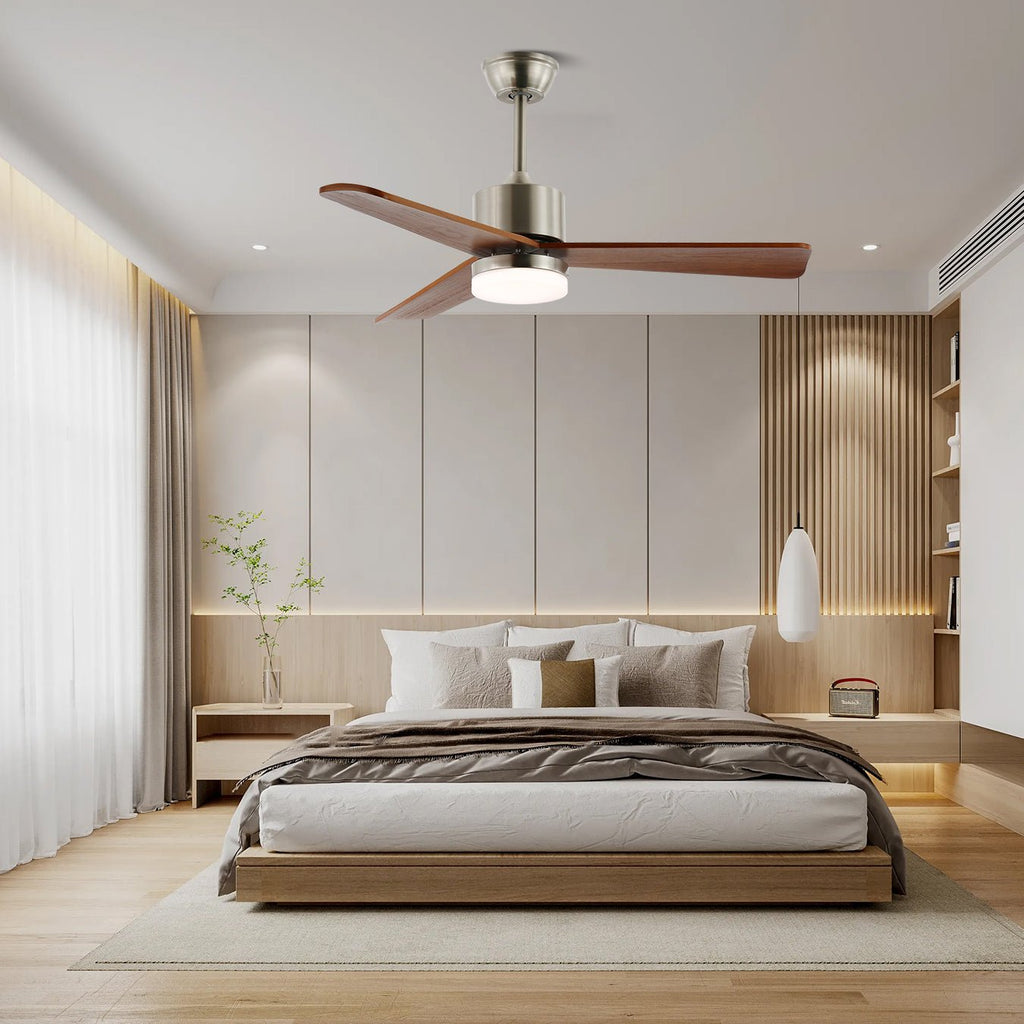 Ceiling Fan with Lighting | Minimalist Fan in Silver and Wood | 6 Speeds | Remote Control | 106/132 cm | LED 35W | Ceiling Light with Ventilation Function - Lamylie
