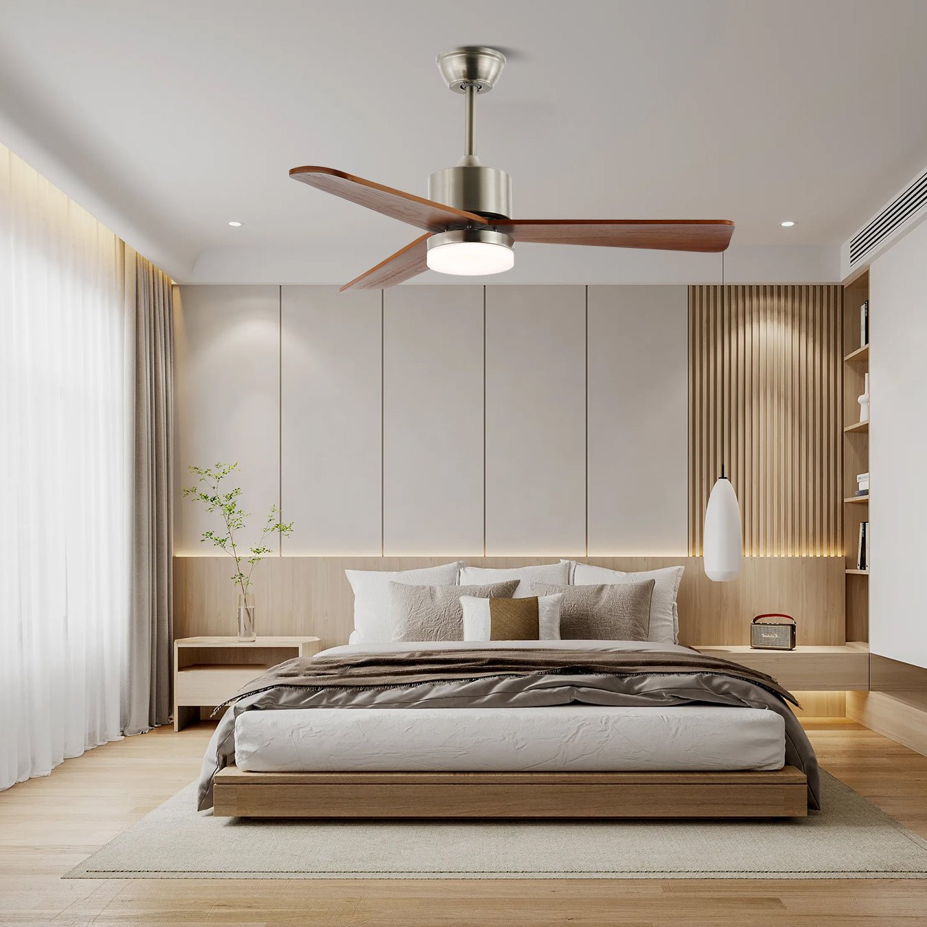 Ceiling Fan with Lighting | Minimalist Fan in Silver and Wood | 6 Speeds | Remote Control | 106/132 cm | LED 35W | Ceiling Light with Ventilation Function - Lamylie