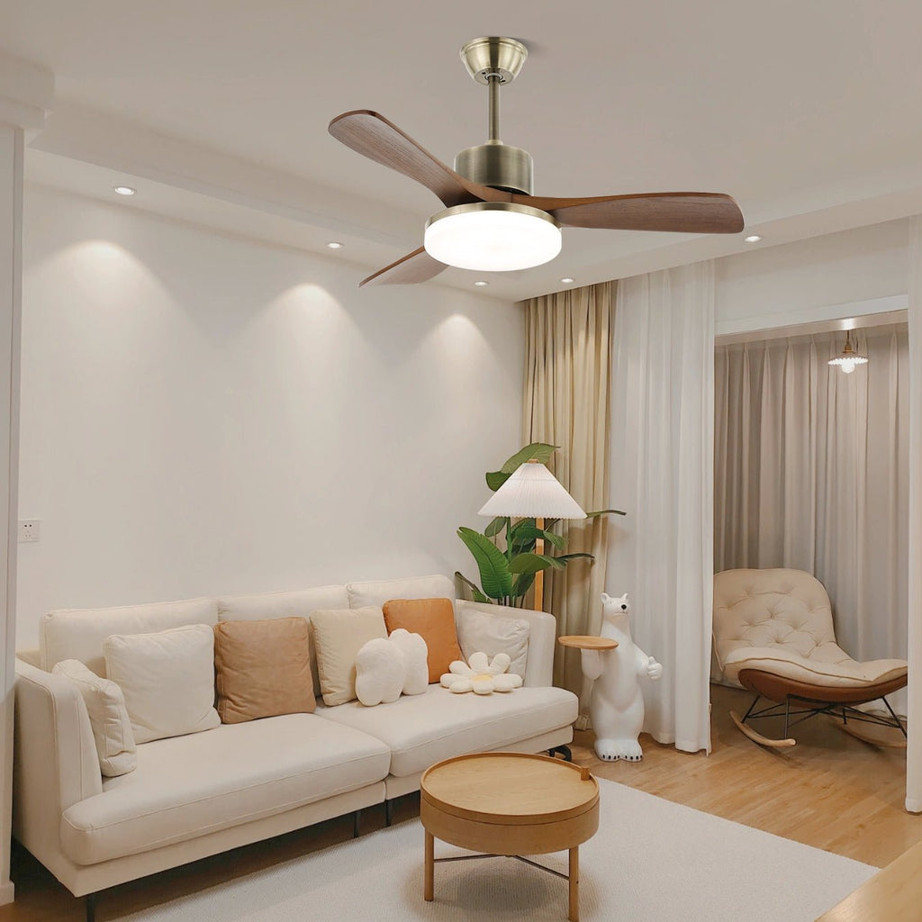 Ceiling Fan with Lighting | Minimalist Fan in Silver and Wood | 6 Speeds | Remote Control | 106/132 cm | LED 35W | Ceiling Light with Ventilation Function - Lamylie