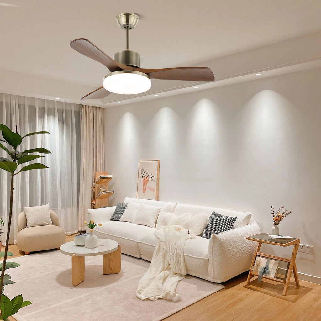 Ceiling Fan with Lighting | Minimalist Fan in Silver and Wood | 6 Speeds | Remote Control | 106/132 cm | LED 35W | Ceiling Light with Ventilation Function - Lamylie