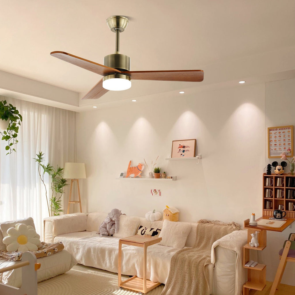 Ceiling Fan with Lighting | Minimalist Fan in Silver and Wood | 6 Speeds | Remote Control | 106/132 cm | LED 35W | Ceiling Light with Ventilation Function - Lamylie