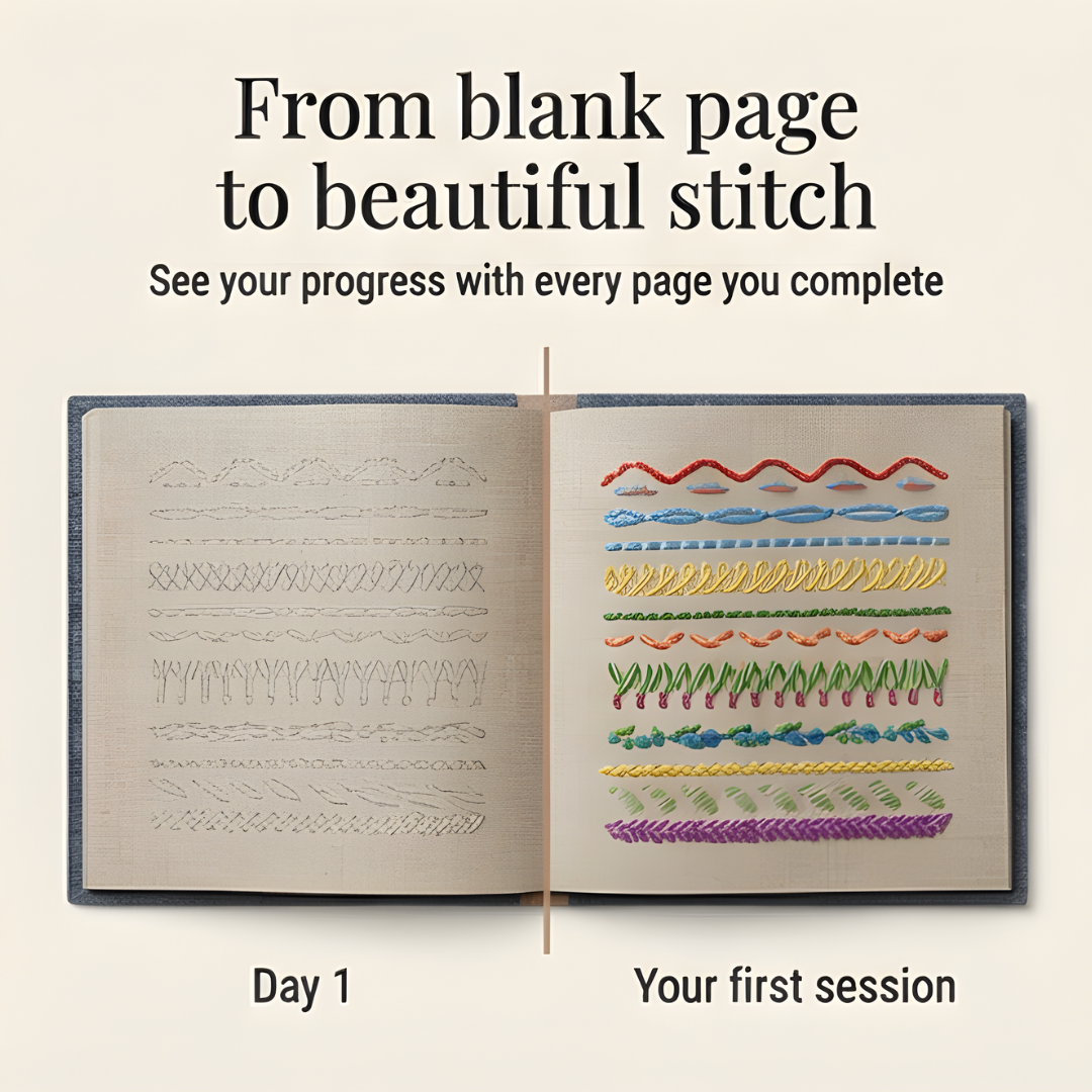 Vyšívání - Sada knih s 106 vzory stehů krok za krokem - Procvičování na lněných stránkách - StitchLibrary - Lamylie