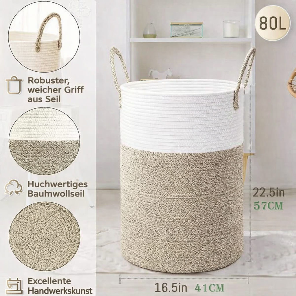 Coș pliabil din bumbac | Coș de rufe de 60L | Depozitare modernă | Coș din sfoară - Lamylie