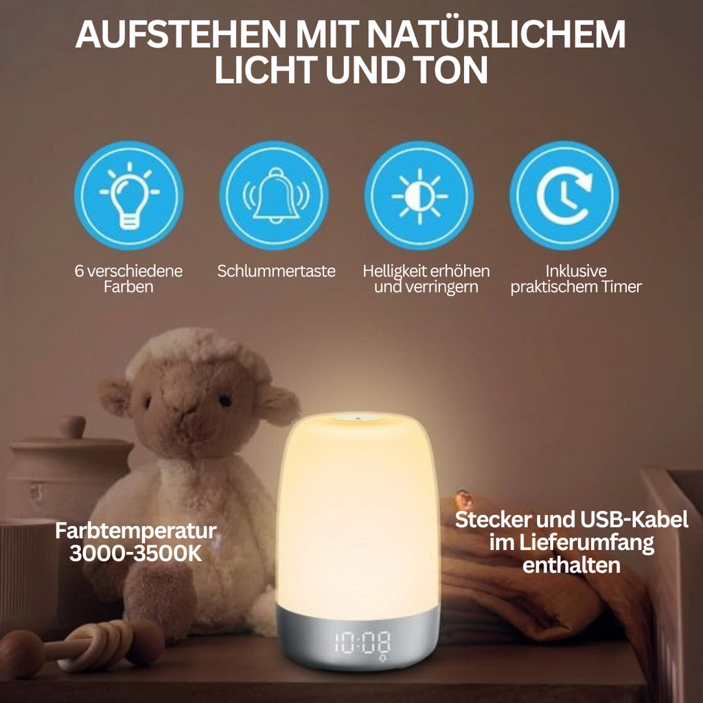 Vågnelys med naturlyde og solopgangssimulering | Genopladeligt USB-C-natlys med dæmpbart varmt lys - Lamylie