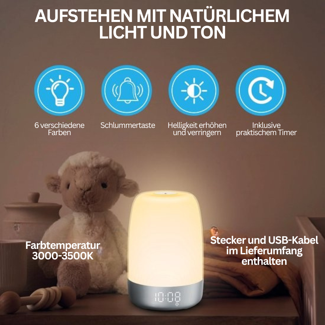 Vågnelys med naturlyde og solopgangssimulering | Genopladeligt USB-C-natlys med dæmpbart varmt lys - Lamylie