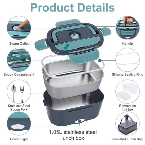 Elektryczny lunchbox z funkcją podgrzewania 1.5L | Ciepłe jedzenie w podróży, samochodzie i domu - Lamylie