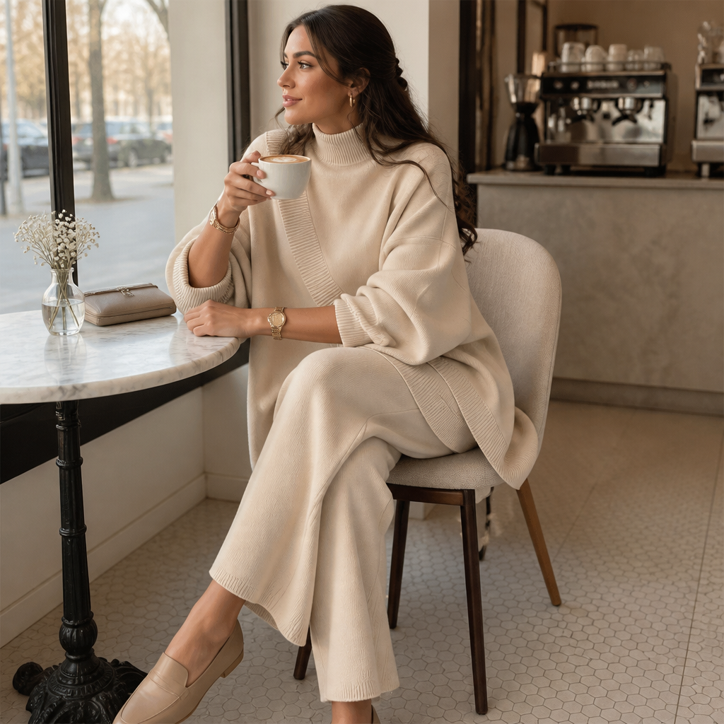 CelestiaKnit – Conjunto de malha assimétrico e oversized com calças de perna larga - Lamylie