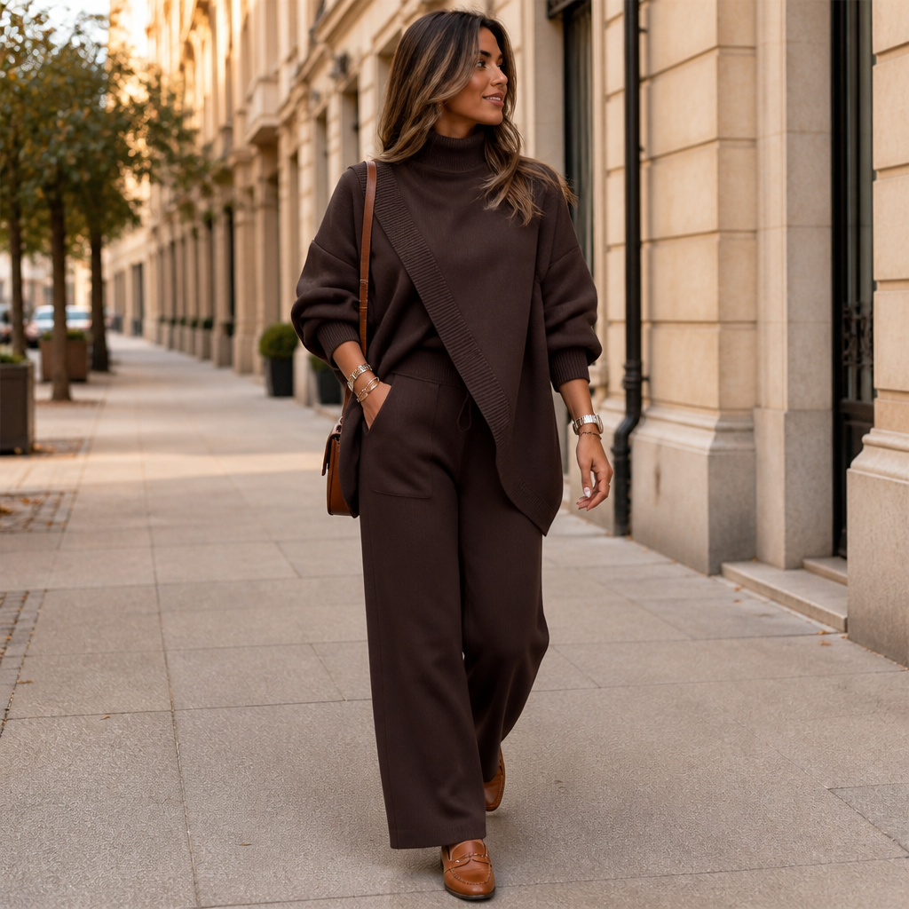 CelestiaKnit – Conjunto de malha assimétrico e oversized com calças de perna larga - Lamylie