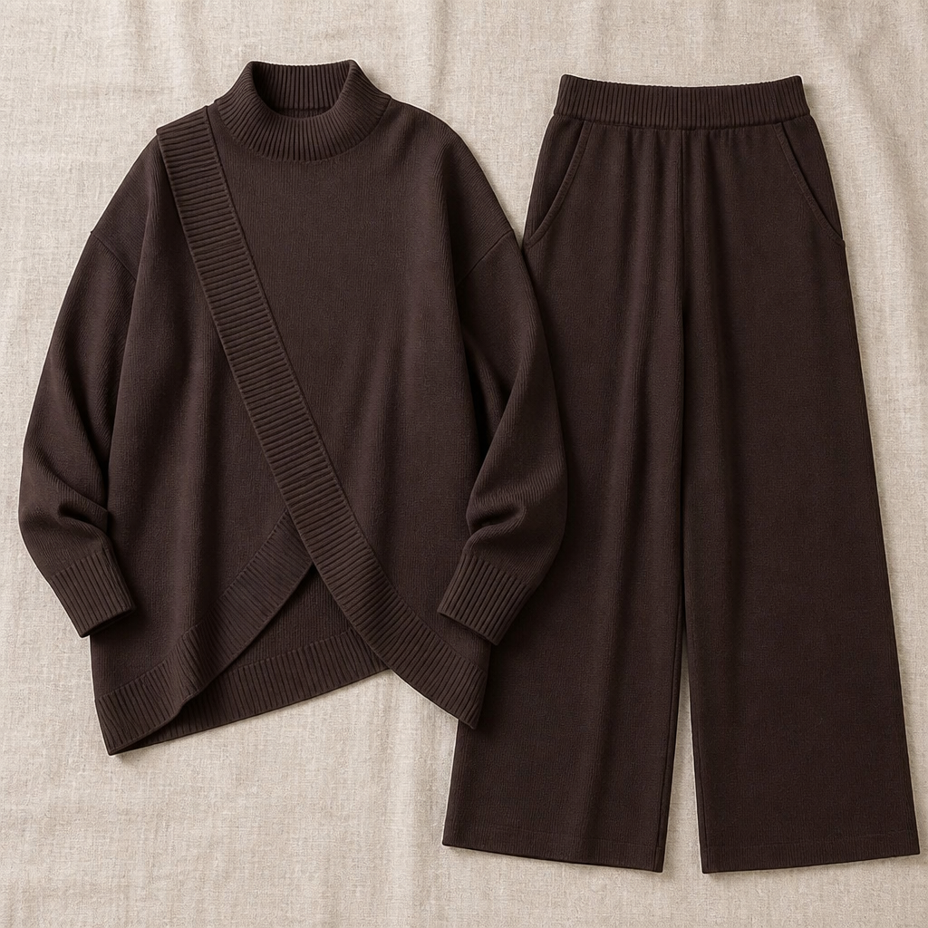 CelestiaKnit – Conjunto de malha assimétrico e oversized com calças de perna larga - Lamylie