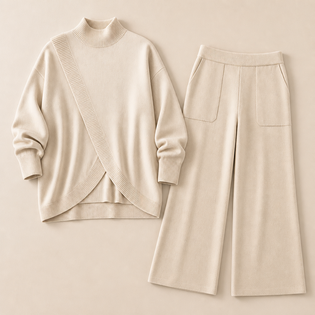CelestiaKnit – Conjunto de malha assimétrico e oversized com calças de perna larga - Lamylie