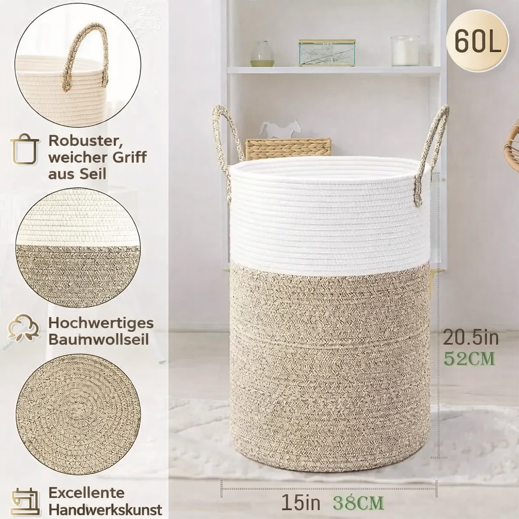 Coș pliabil din bumbac | Coș de rufe de 60L | Depozitare modernă | Coș din sfoară - Lamylie