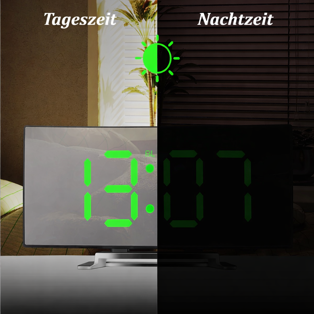 ساعة رقمية | شاشة LED مرآة لعرض المنبّه | تعتيم تلقائي مضاد للتوهج | CurveClock - Lamylie