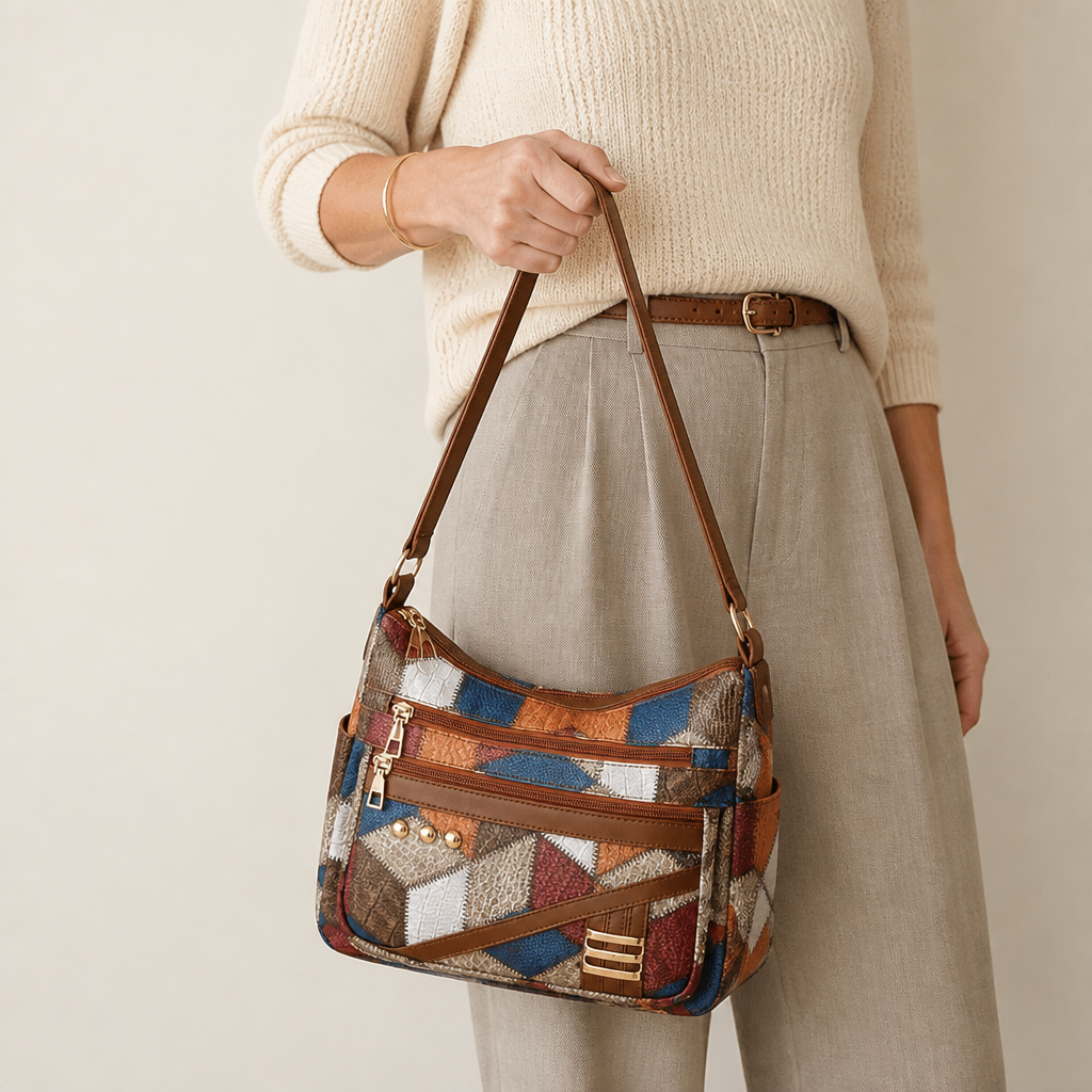 Mosaica – Sac bandoulière vintage à patchwork géométrique avec bandoulière réglable – Lamylie