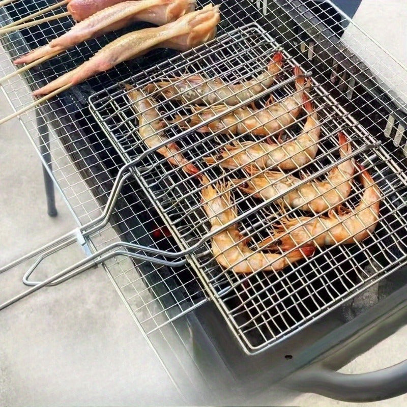 GrillGrid nagyméretű BBQ-kosár — téglalap alakú kialakítás, biztonságos átfordítás, egyenletes hőeloszlás