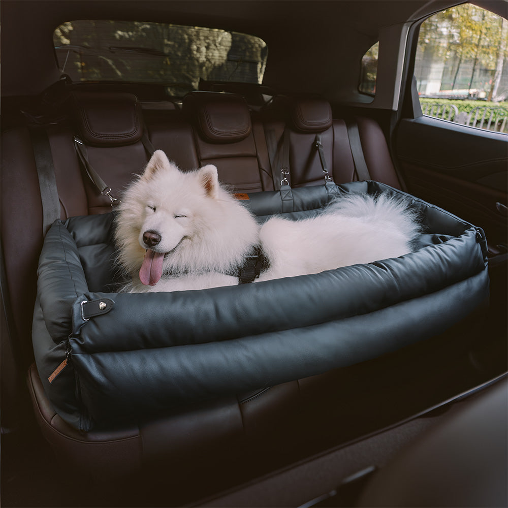 Seggiolino auto e trasportino di lusso per cani in ecopelle con cinghie di sicurezza | Cuccia rialzata idrorepellente per cani di taglia piccola e media - Lamylie