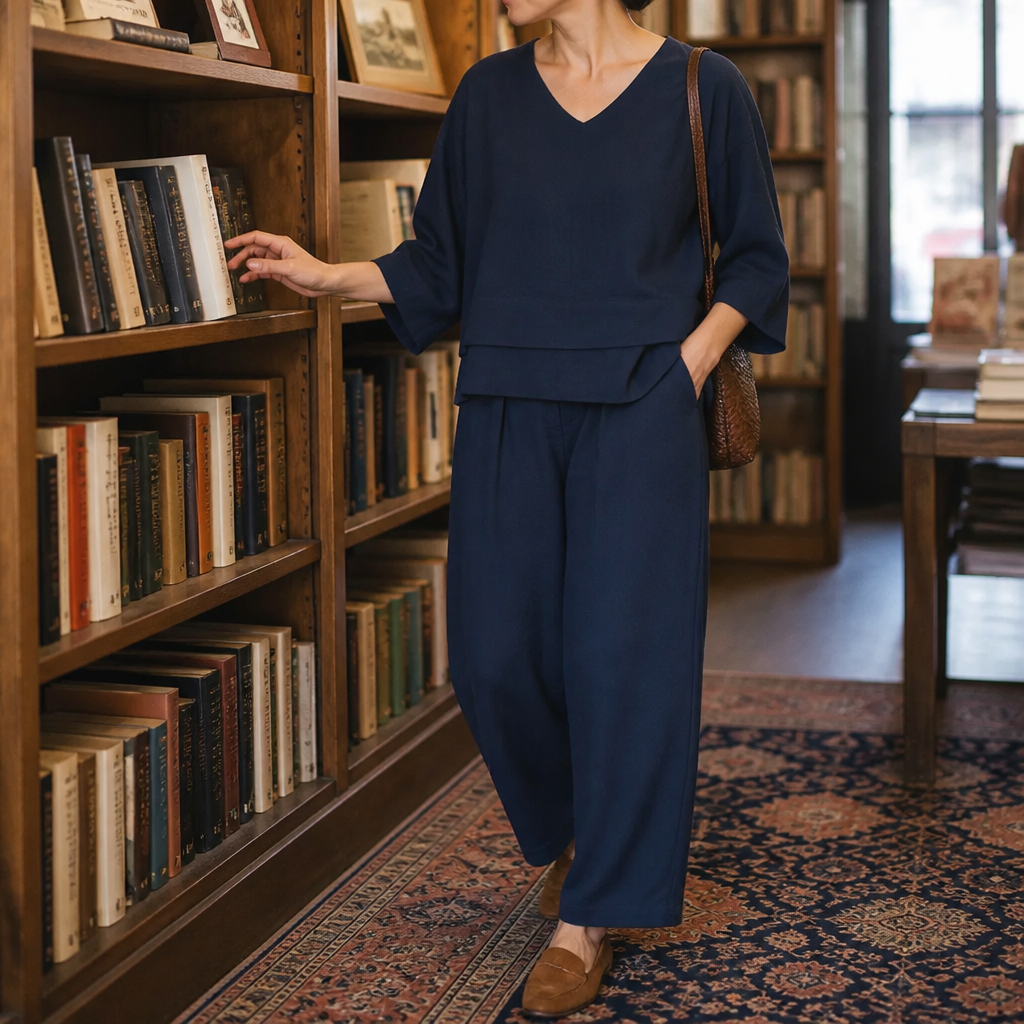 LioraLuxe – Relaxed Layered V-Neck Top & Wide-Leg Pant Set - Lamylie