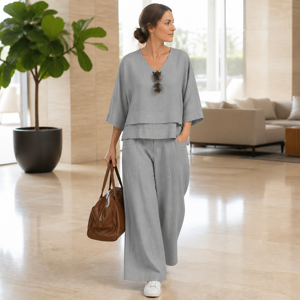 LioraLuxe – Relaxed Layered V-Neck Top & Wide-Leg Pant Set - Lamylie