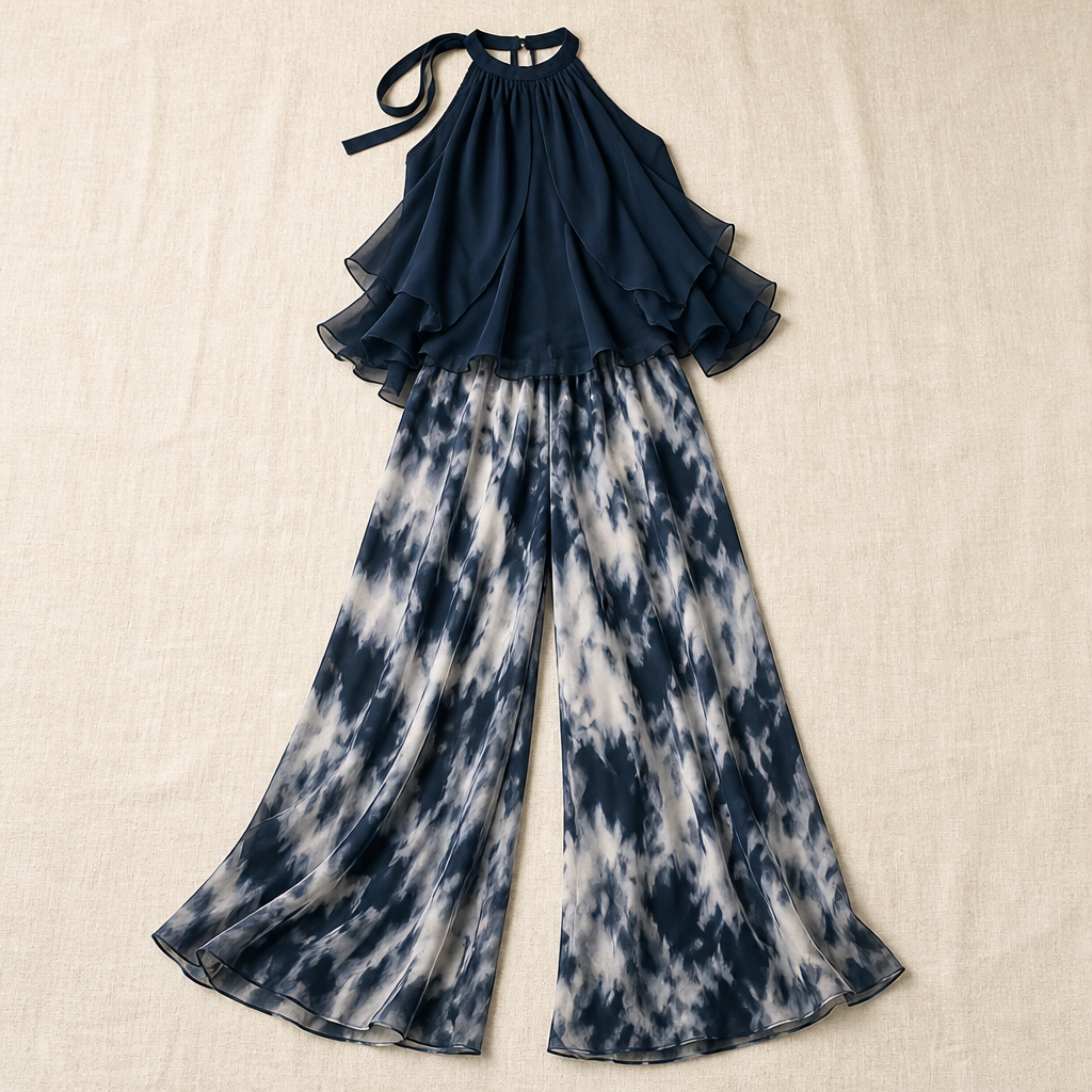 LuxuraFit – Fließendes Neckholder-Top aus Chiffon und Set aus marmorierten Hosen mit weitem Bein – Lamylie
