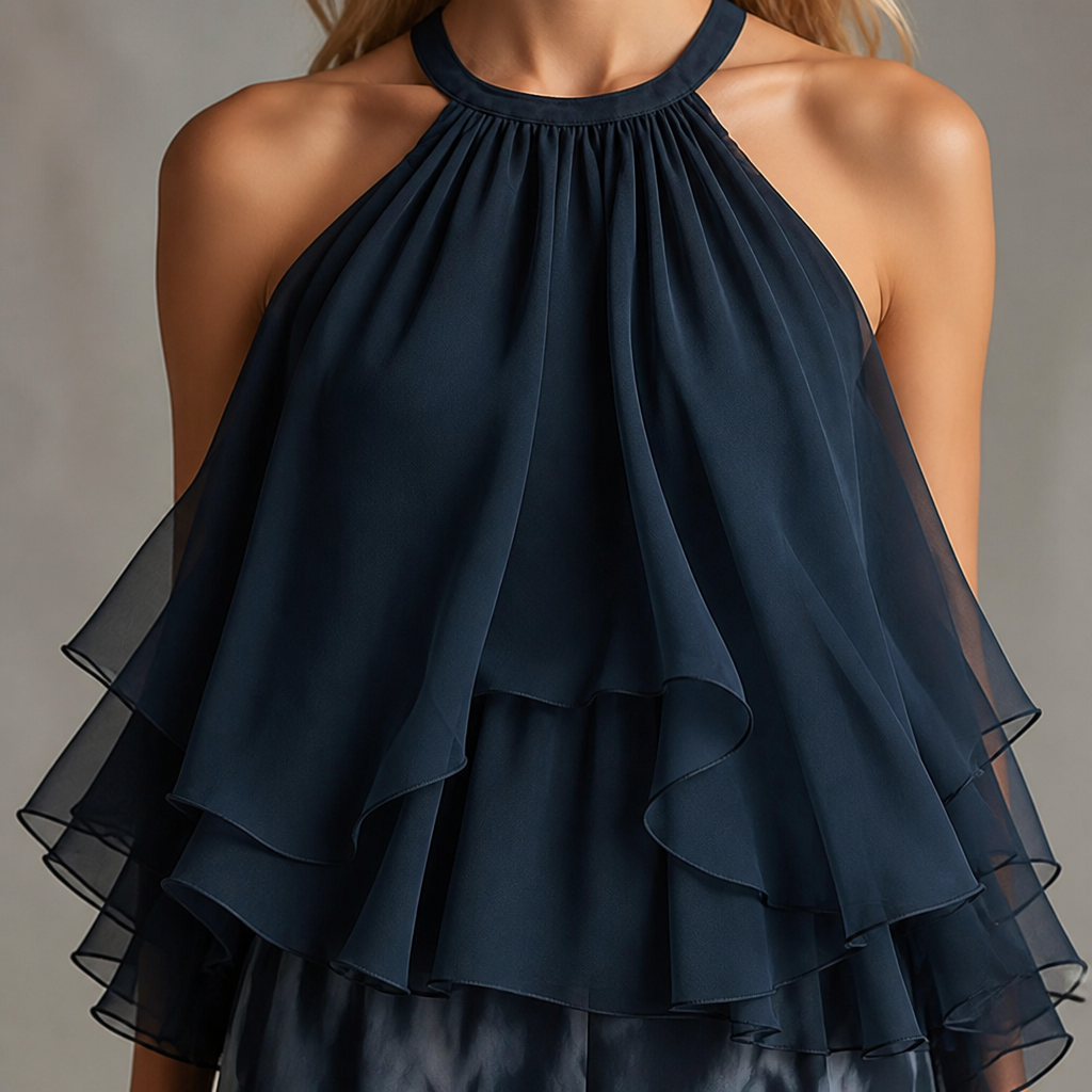 LuxuraFit – Fließendes Neckholder-Top aus Chiffon und Set aus marmorierten Hosen mit weitem Bein – Lamylie