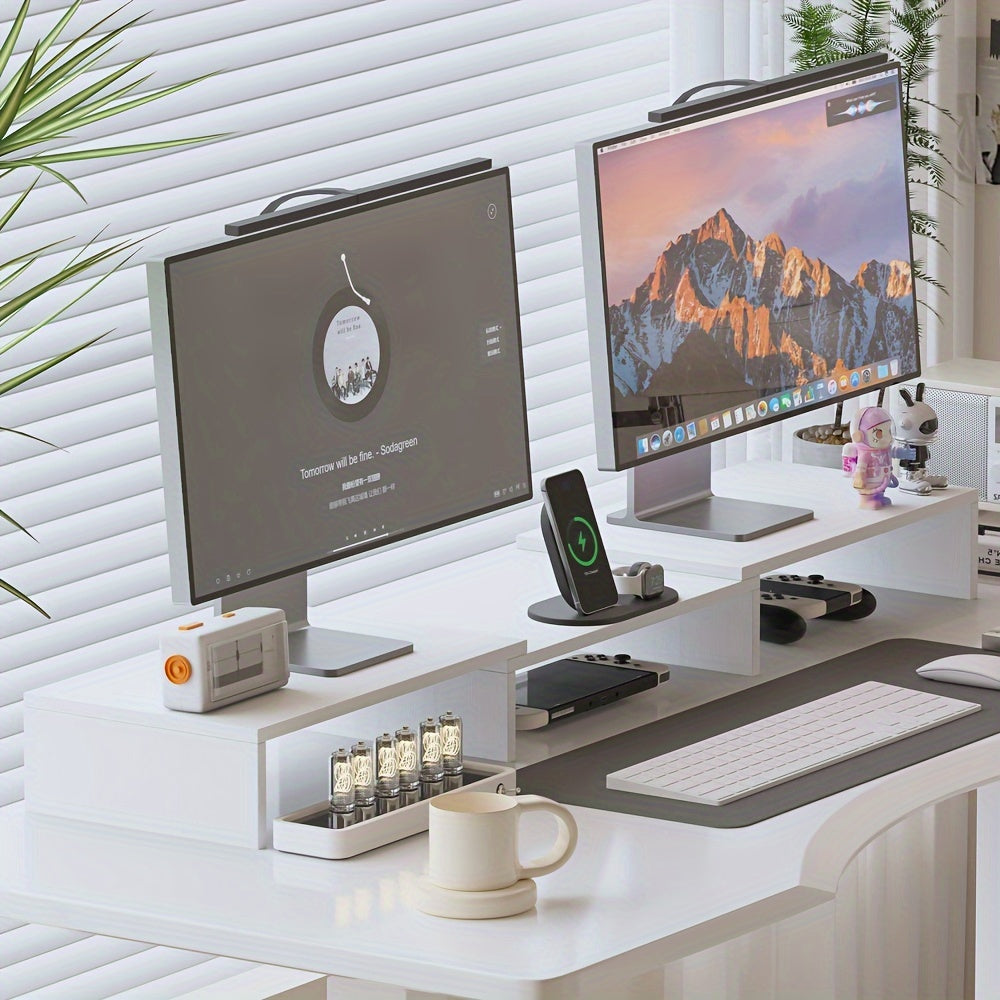 Dualdesk nastavitelný stojan pro dva monitory — přihrádka na notebook a organizér na příslušenství