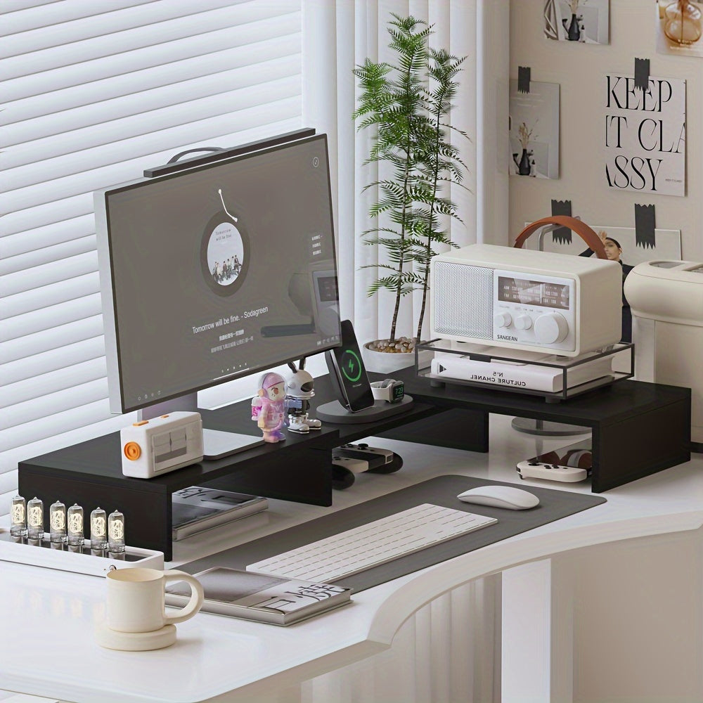 Dualdesk nastavitelný stojan pro dva monitory — přihrádka na notebook a organizér na příslušenství