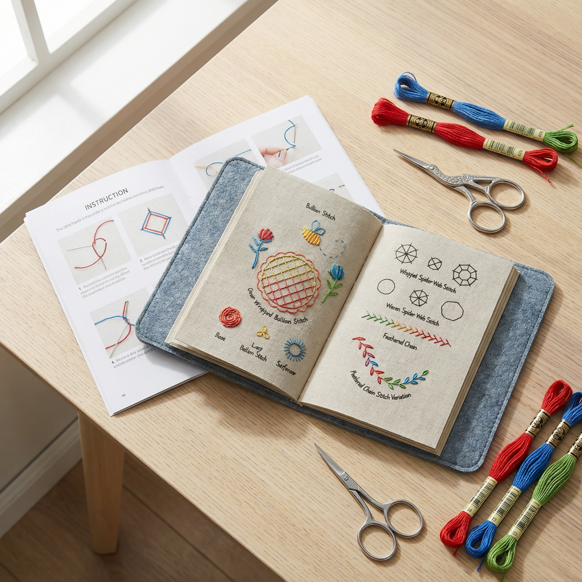 Vyšívání - Sada knih s 106 vzory stehů krok za krokem - Procvičování na lněných stránkách - StitchLibrary - Lamylie