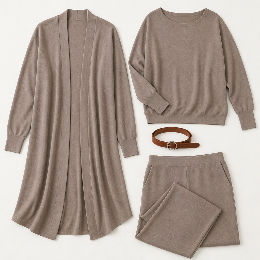 LumeEra – Relaxed 3-Piece Lounge Set with Long Open-Front Cardigan - Lamylie