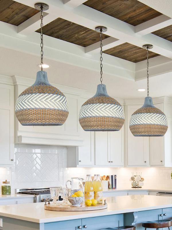 Handwoven Rattan Pendant Lamp Blue Vintage Shade Dining Room Kitchen Living Room Scandinavian Light Fixture - Lamylie