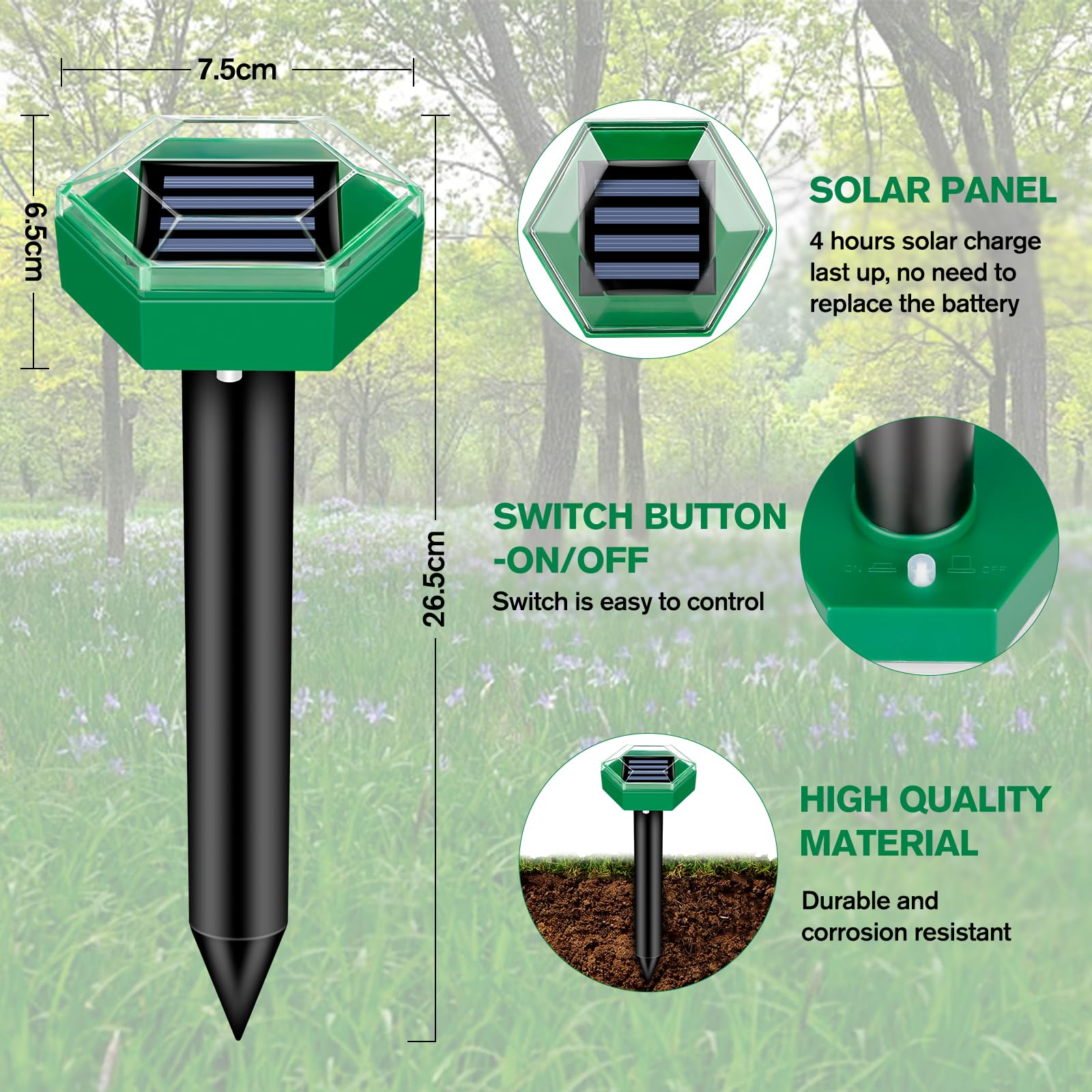 Maulwurfvertreiber, 4er-Pack | Solarbetrieben und wetterfest | Einfacher Aufbau | MoleSilent – Lamylie