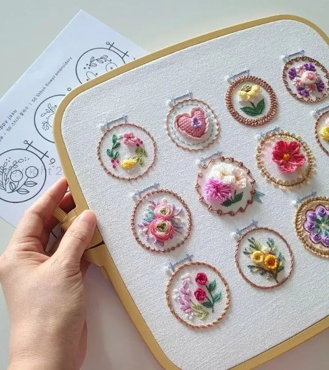 Kit de Bordado com 12 Designs Florais | Conjunto Completo | Pronto a Utilizar | NeedleNest - Lamylie