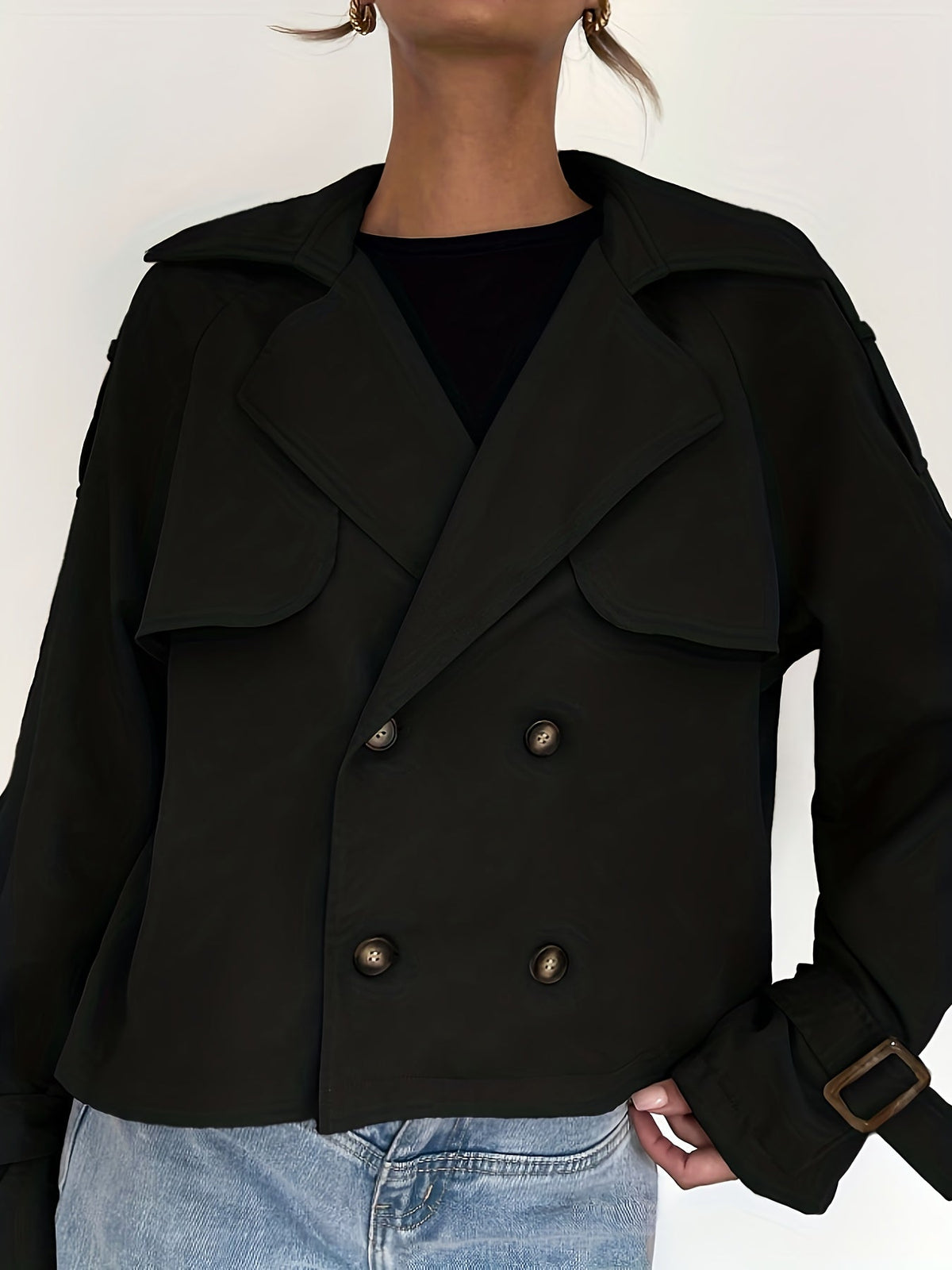Kurzer Trenchcoat für Damen in uni – Verstellbarer Knopf-Kordelzug, klare Silhouette