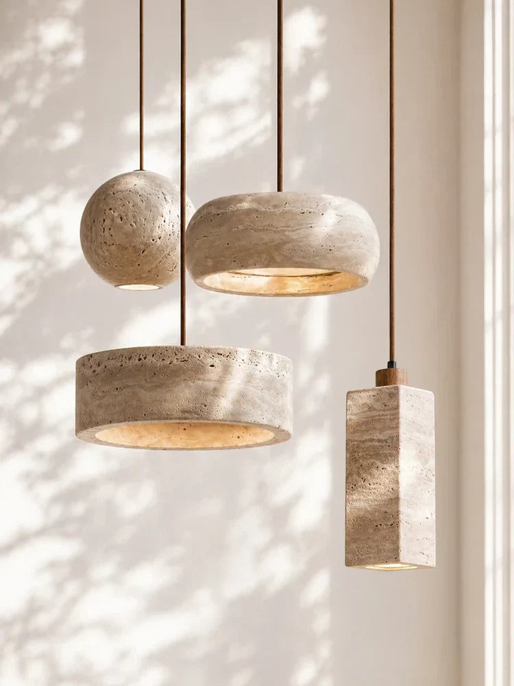 Lampă suspendată din travertin, crem vintage, din piatră naturală, în stil Wabi-Sabi, pentru sufragerie și dormitor – Lamylie