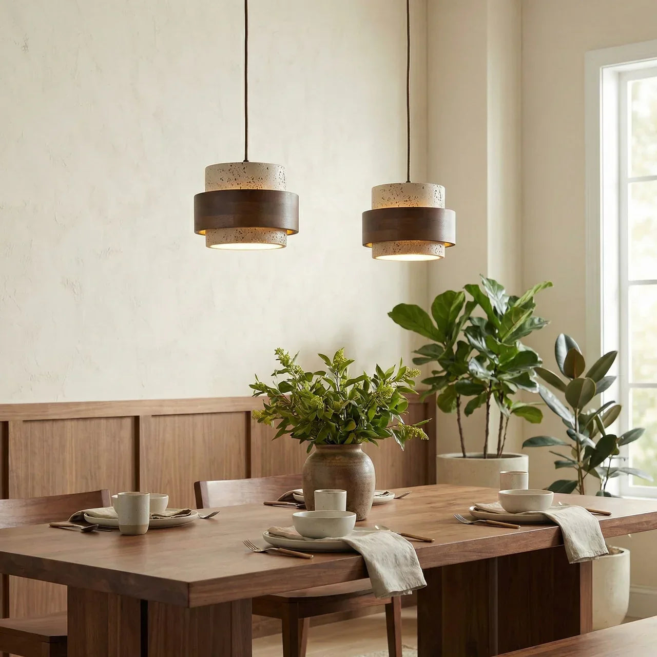 Holzpendelleuchte mit Travertin-Finish | Organische Lichtquelle für Esszimmer und Wohnzimmer - Lamylie