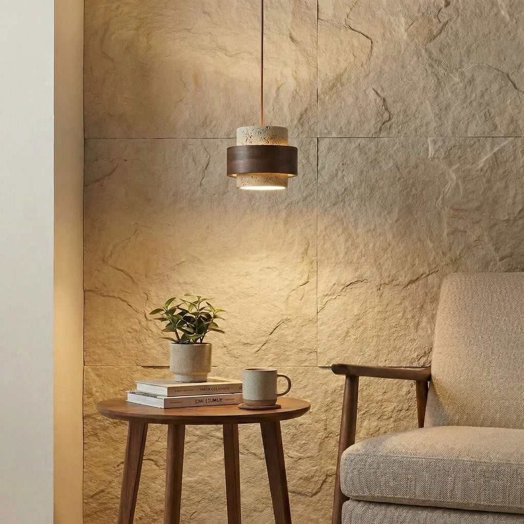 Holzpendelleuchte mit Travertin-Finish | Organische Lichtquelle für Esszimmer und Wohnzimmer - Lamylie