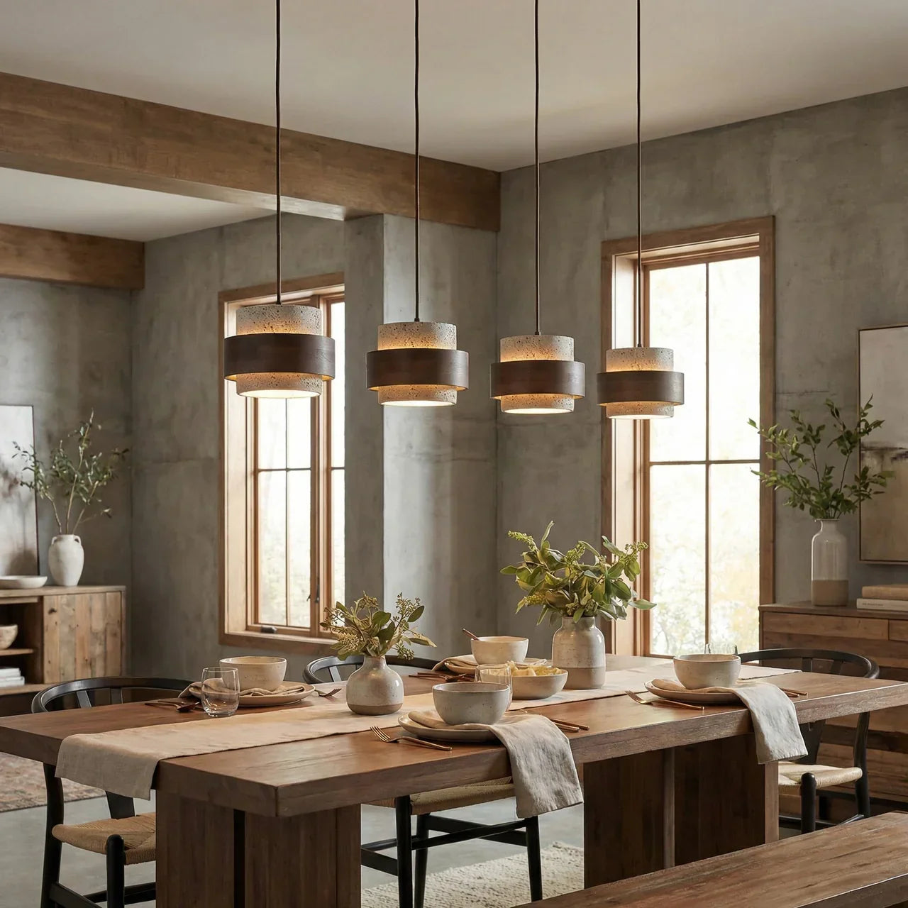 Holzpendelleuchte mit Travertin-Finish | Organische Lichtquelle für Esszimmer und Wohnzimmer - Lamylie