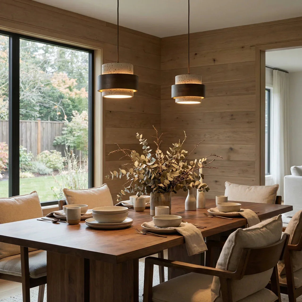 Holzpendelleuchte mit Travertin-Finish | Organische Lichtquelle für Esszimmer und Wohnzimmer - Lamylie