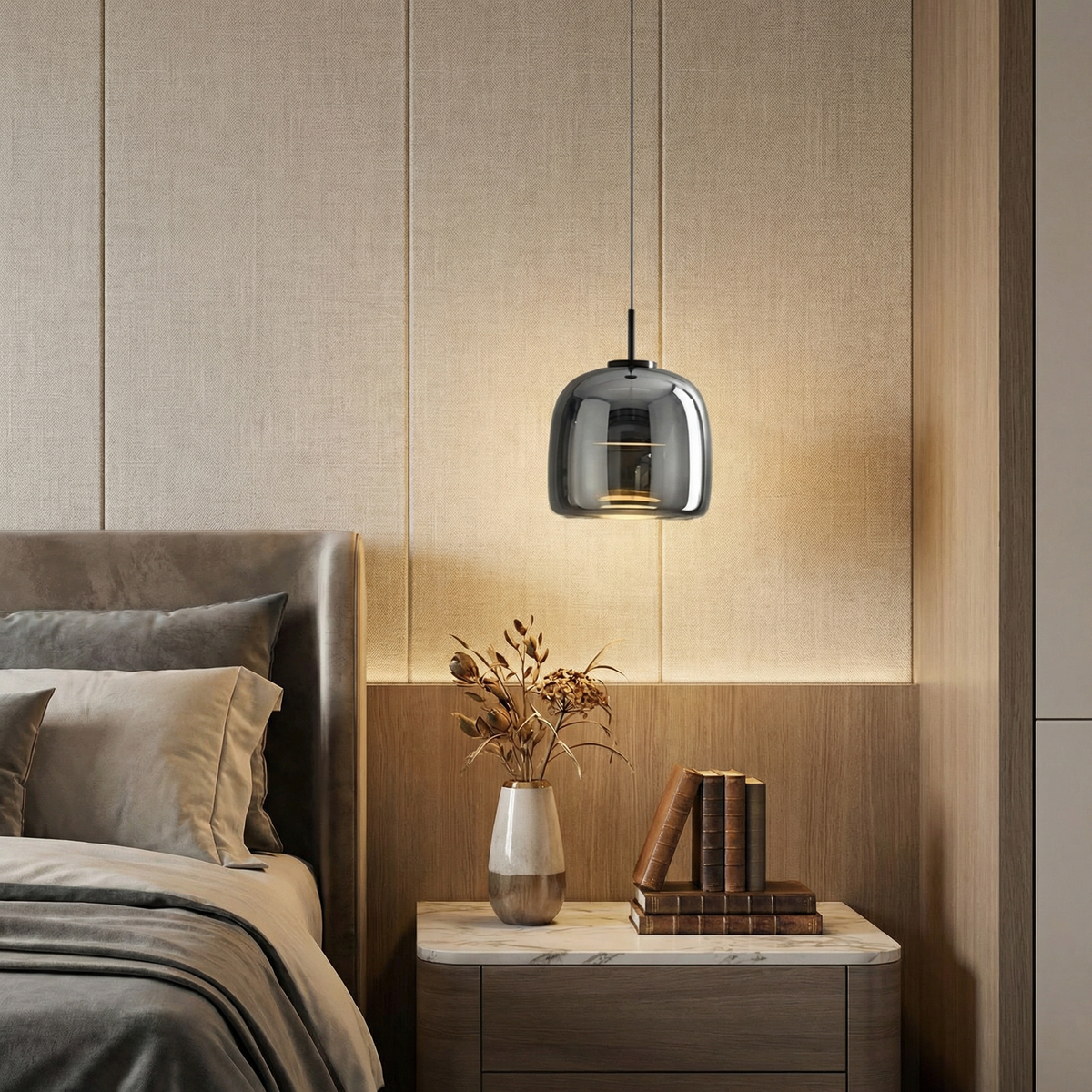 LumenGlow pendellampa i rökgrått glas — modern hängande design